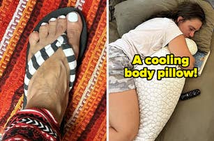 Two images: left, a person's feet wearing a thong sandal; right, reviewer asleep hugging a cooling body pillow