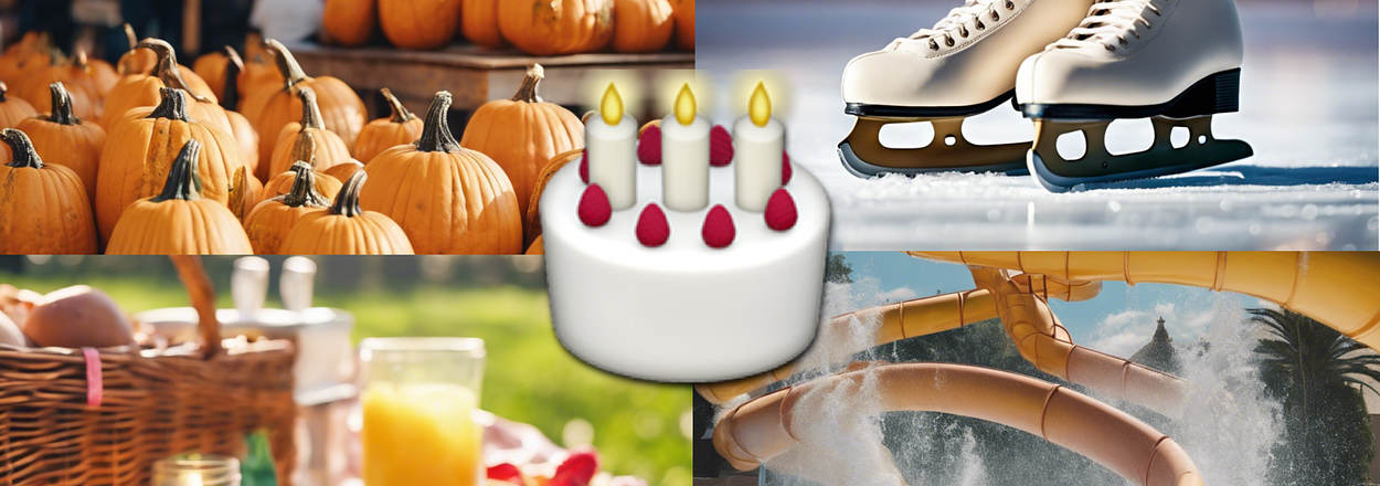 Collage of a pumpkin patch, ice skates on ice, picnic with food and drinks, a water slide, and an emoji of a cake with candles in the center