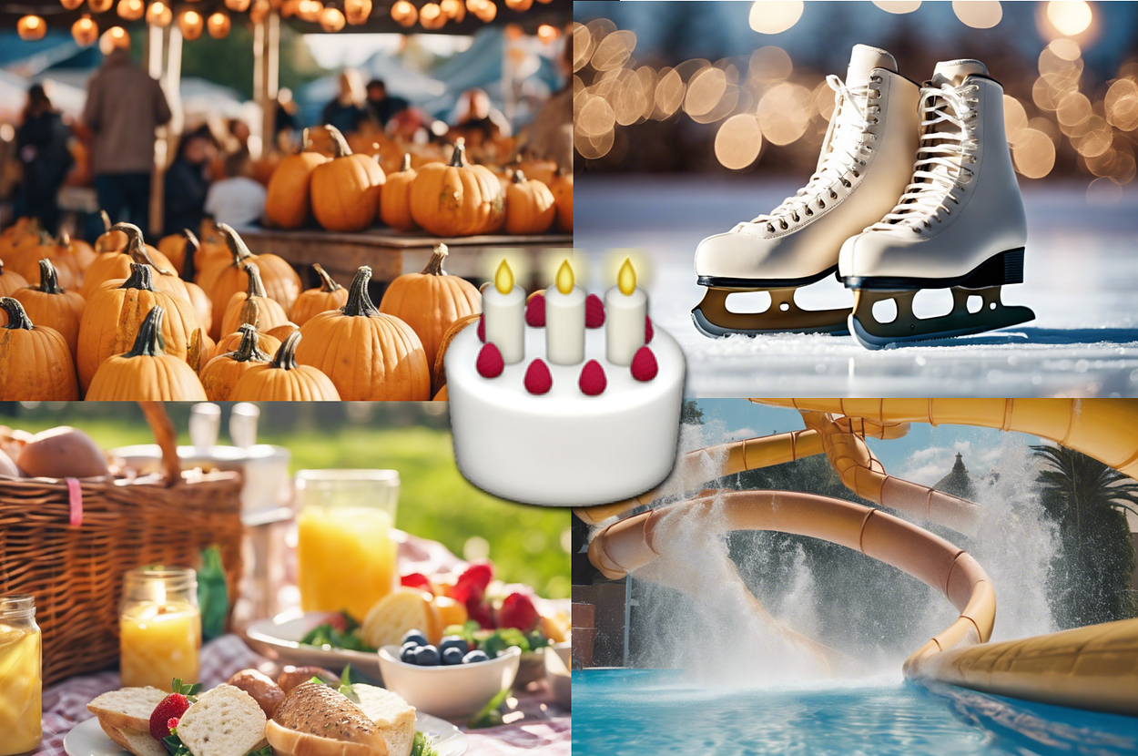 Collage of a pumpkin patch, ice skates on ice, picnic with food and drinks, a water slide, and an emoji of a cake with candles in the center
