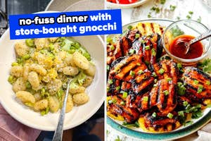 Two dishes: one with store-bought gnocchi and peas in a creamy sauce, and another with grilled chicken, garnished with green onions, alongside a bowl of sauce
