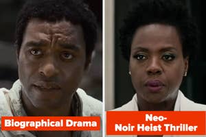 Chiwetel Ejiofor in a casual shirt and Viola Davis in formal attire, both shown in scenes from different movies or TV shows