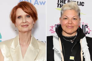 Cynthia Nixon in a satin blazer, and Sara Ramirez in a hoodie with layered necklaces, pose at a public event