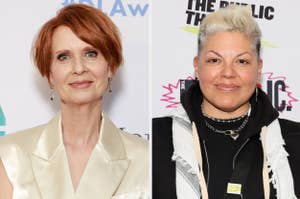Cynthia Nixon in a satin blazer, and Sara Ramirez in a hoodie with layered necklaces, pose at a public event