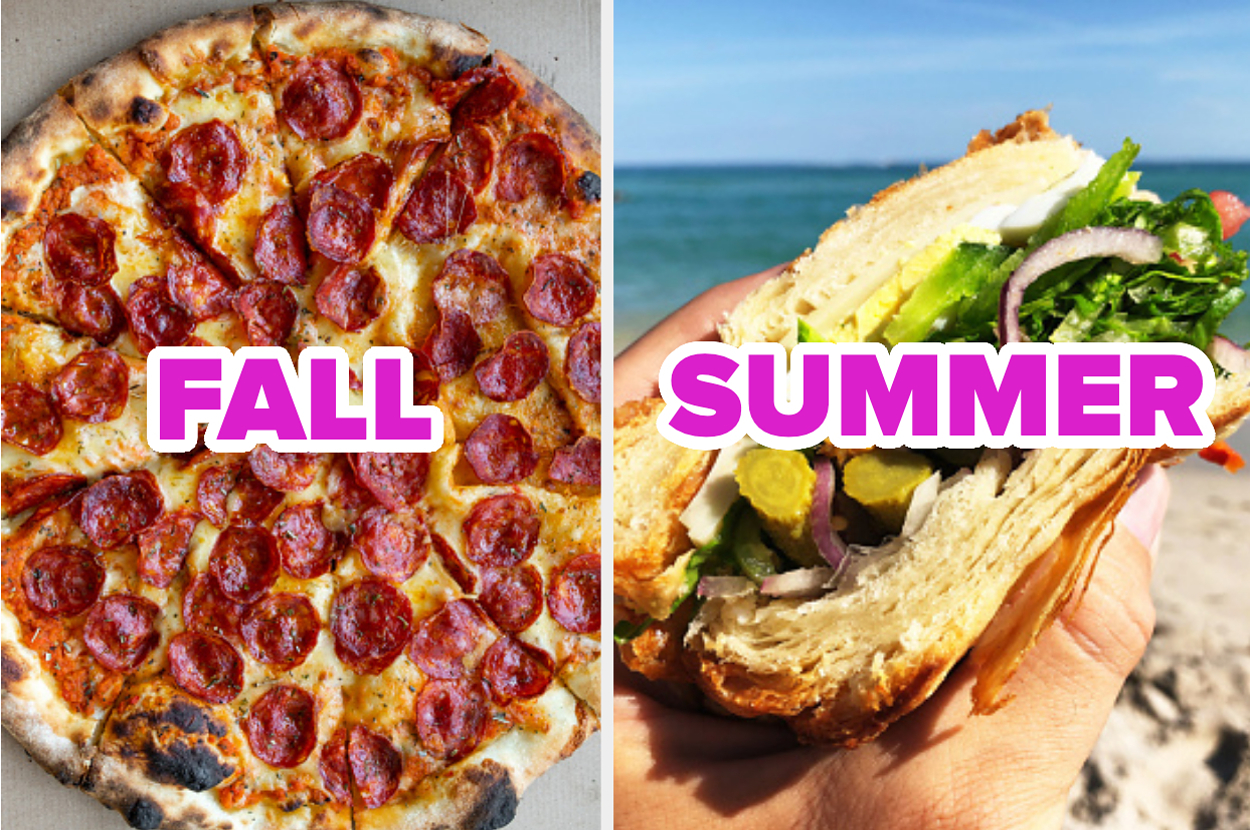Pepperoni pizza labeled "Fall" on the left and a vegetable sandwich labeled "Summer" on the right, hand holding sandwich on beach background