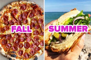 Pepperoni pizza labeled "Fall" on the left and a vegetable sandwich labeled "Summer" on the right, hand holding sandwich on beach background