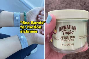 Image showing two products. Left: A person wearing gray 'Sea Bands' for motion sickness on their wrists. Right: A hand holding an 8 oz jar of Hawaiian Tropic After Sun Body Butter