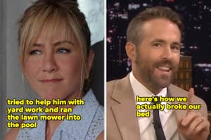 Jennifer Aniston looks amused vs Ryan Reynolds explains a story animatedly with a raised finger