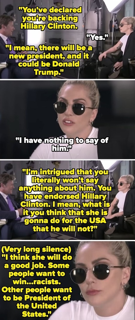 Lady Gaga discussing her endorsement of Hillary Clinton in a 2016 interview, addressing why she hasn't commented on Donald Trump