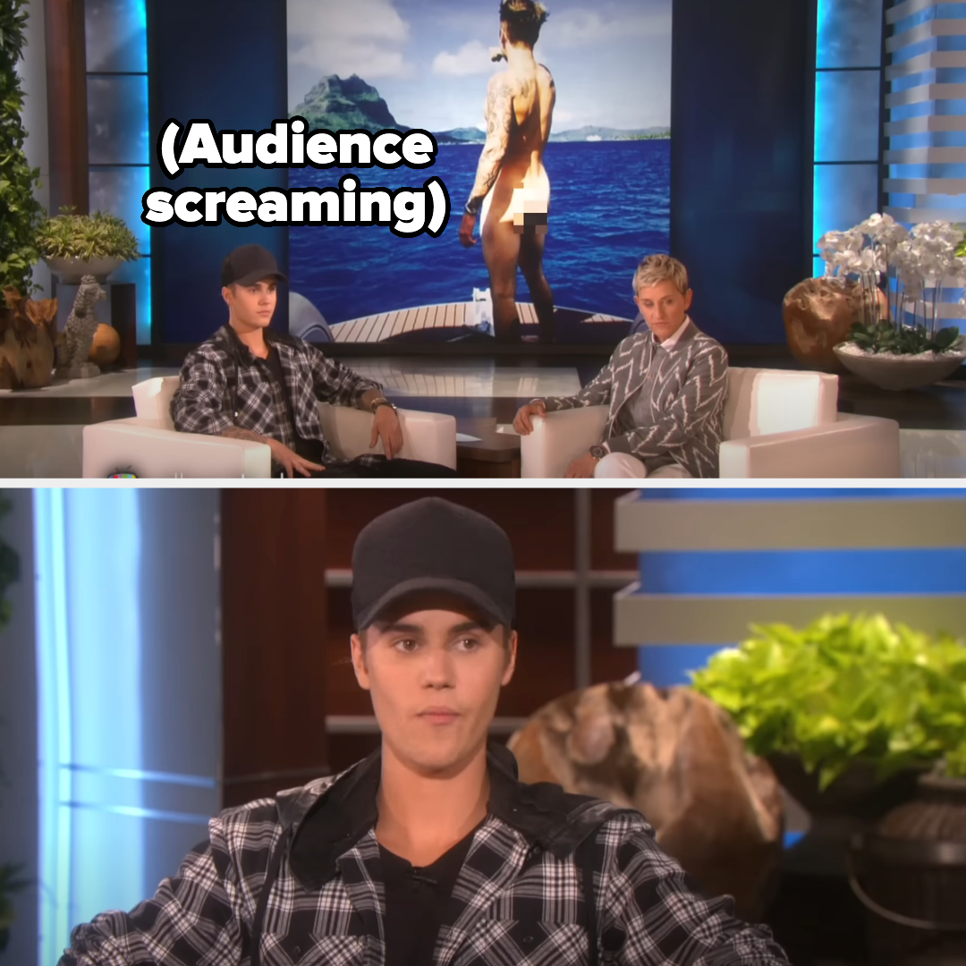 Justin Bieber and Ellen DeGeneres sit on a talk show set. The screen behind shows a photo of Justin standing by the ocean. Text in the image reads: "Audience screaming"