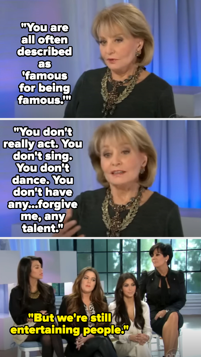 Barbara Walters interviewing Kim Kardashian, Khloe Kardashian, Kourtney Kardashian, and Kris Jenner. Walters critiques their talent; the Kardashians defend their entertainment value