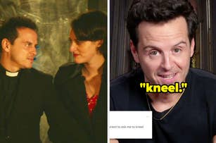 Andrew Scott and Phoebe Waller-Bridge in Fleabag vs Andrew Scott saying, "Kneel"