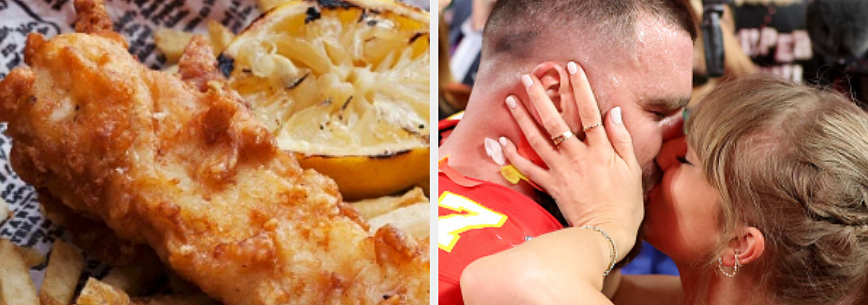 Left side: Fish and chips. Right side: NFL player in red and white football uniform kisses singer Taylor Swift on the red carpet