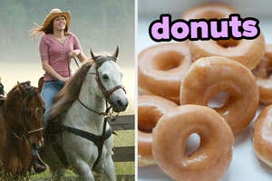 On the left, Miley Cyrus riding a horse as Miley in the Hannah Montana Movie, and on the right, some glazed donuts