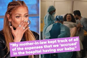 On the left, Jennifer Lopez covers her mouth in shock. On the right, a woman is in labor at a hospital, surrounded by medical staff and her partner. Text: "My mother-in-law kept track of all of the expenses that we 'accrued' in the hospital having our bab