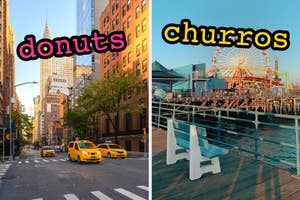 On the left, a New York City street lined with taxis labeled donuts, and on the right, Santa Monica Pier labeled churros