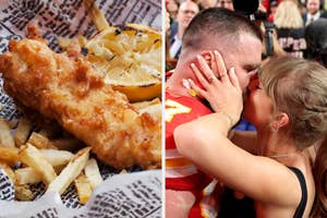 Left side: Fish and chips. Right side: NFL player in red and white football uniform kisses singer Taylor Swift on the red carpet