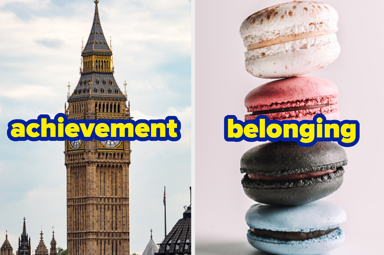 The image is a split view: left side shows Big Ben labeled "achievement," right side displays stacked macarons labeled "belonging."