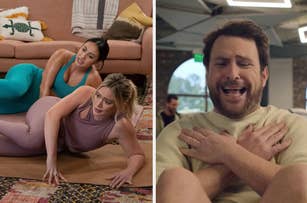 Hilary Duff and a friend perform yoga on a mat at home. Charlie Day laughs with arms crossed in a separate image
