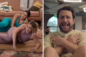 Hilary Duff and a friend perform yoga on a mat at home. Charlie Day laughs with arms crossed in a separate image