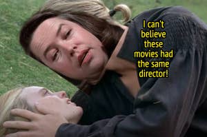 Cary Elwes and Robin Wright in an iconic scene from "The Princess Bride" on the left, and Kathy Bates holding a knife intensely from "Misery" on the right