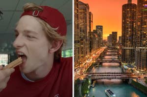 On the left, Mike Faist eating a churro as Art in Challengers, and on the right, the Chicago skyline at sunset