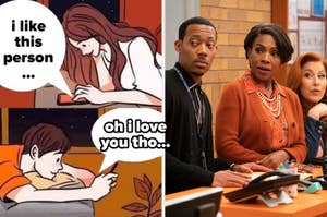 Left: Cartoon of a girl texting "I like this person" and a boy responding "oh I love you tho..." 
Right: Tyler James Williams, Sheryl Lee Ralph, and Lisa Ann Walter in an office setting