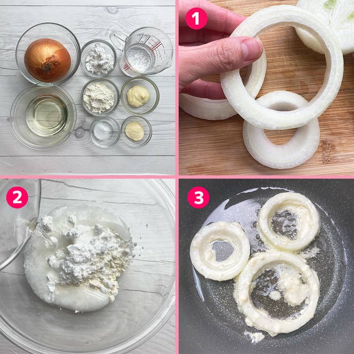 玉ねぎの輪切りと材料。3つのステップで玉ねぎリングの作り方が説明されています。