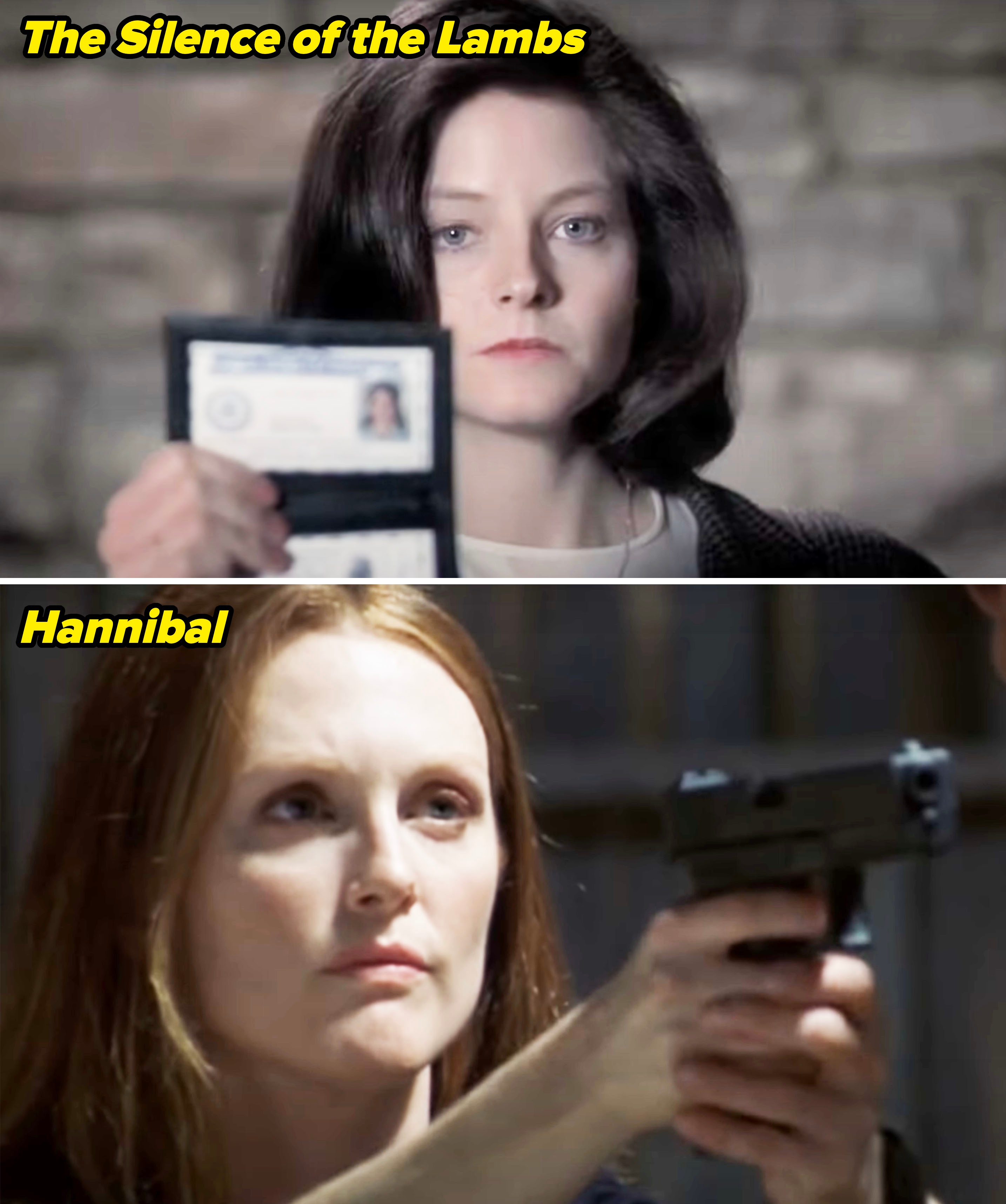 Top: Jodie Foster holds an ID badge in a serious scene. Bottom: Julianne Moore points a gun with focus