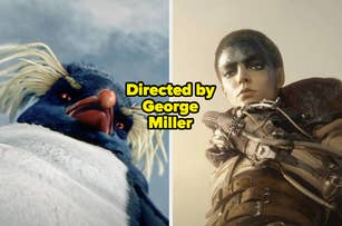 Split image: left side features Lovelace the penguin from 'Happy Feet', right side shows Furiosa from 'Mad Max: Fury Road' with text "Directed by George Miller."