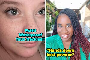 reviewer with faux freckles and reviewer makeup after using pressed powder