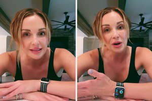 Two images side by side of Clare Crawley, wearing a black tank top and an Apple Watch, smiling and speaking while sitting at a table