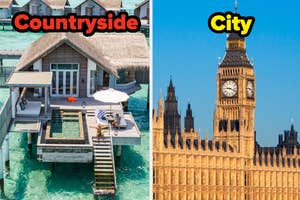 Split image labeled "Countryside" and "City." Left: overwater bungalow with patio. Right: Big Ben, iconic London clock tower