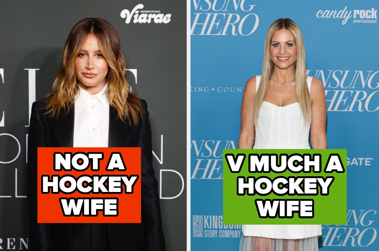 Ashley Tisdale and Candace Cameron Bure are shown with text "Not a hockey wife" on Ashley and "V much a hockey wife" on Candace