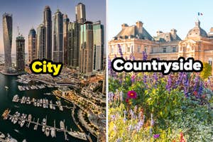 A side-by-side comparison of a bustling cityscape with tall buildings and a serene countryside with flowers and an old building. Text: "City" and "Countryside"