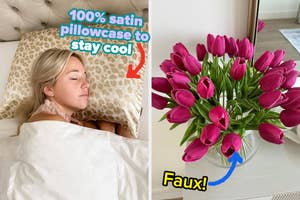 Reviewer sleeping peacefully and a close-up of a vase with tulips