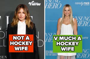 Ashley Tisdale and Candace Cameron Bure are shown with text "Not a hockey wife" on Ashley and "V much a hockey wife" on Candace