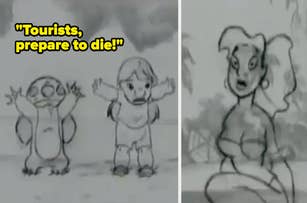Pencil sketch of Disney's "Lilo & Stitch" scene with Stitch and Lilo in a montage of UFO sightings, and another drawing of an unnamed woman looking shocked. Text: "Tourists, prepare to die!"