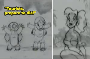 Pencil sketch of Disney's "Lilo & Stitch" scene with Stitch and Lilo in a montage of UFO sightings, and another drawing of an unnamed woman looking shocked. Text: "Tourists, prepare to die!"