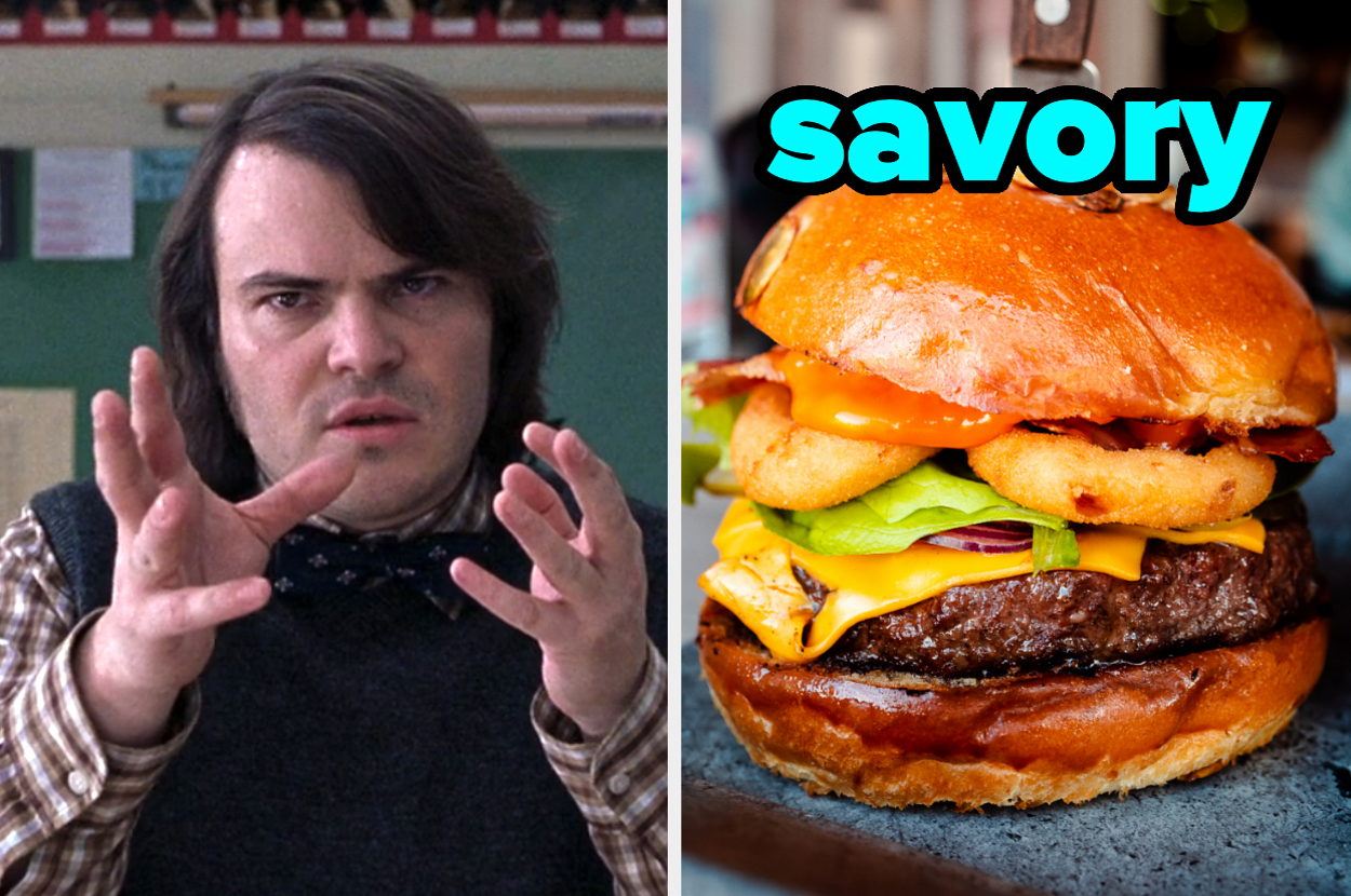 On the left, Jack Black in School of Rock, and on the right, a cheeseburger labeled savory