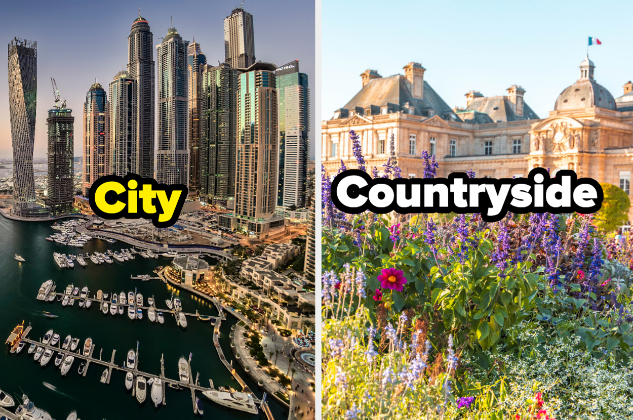 A side-by-side comparison of a bustling cityscape with tall buildings and a serene countryside with flowers and an old building. Text: "City" and "Countryside"
