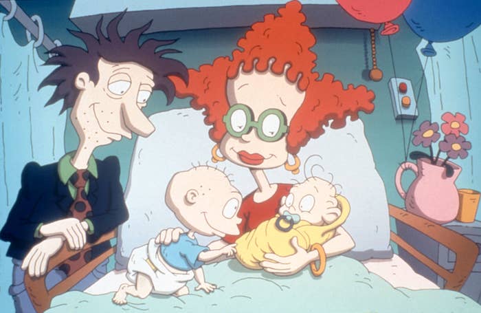 Stu, Didi, and Tommy Pickles welcome newborn baby Dil in a hospital room in a scene from &quot;The Rugrats Movie&quot;