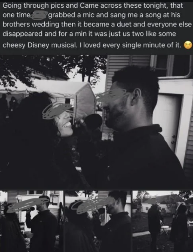 A collage of images featuring two people smiling and sharing a close moment. The accompanying text describes a sentimental moment at a wedding where one person sang to the other