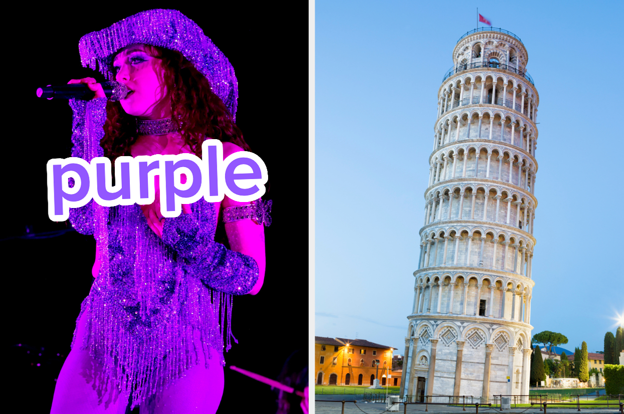 On the left, Chappell Roan wearing a sparkly outfit on stage labeled purple, and on the right, the Leaning Tower of Pisa