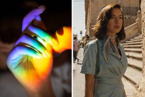 On the left, a rainbow reflecting onto someone's hand, and on the right, Aubrey Plaza on the streets of Italy as Harper on The White Lotus