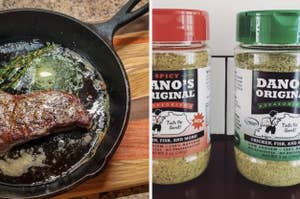 Steak cooking in a skillet on the left, two bottles of Dano's Original Seasoning on the right: one spicy, one original