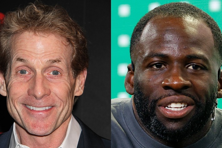 Skip Bayless and Draymond Green smiling in separate close-up shots