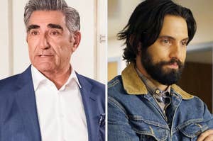 Eugene Levy in a suit stands next to Milo Ventimiglia, who is dressed in casual denim attire. Both look in different directions