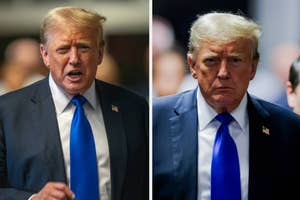 Donald Trump is seen in two side-by-side photos, both wearing a blue tie and dark suit, speaking and walking in one, and looking serious in the other