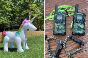 Inflatable unicorn sprinkler on a lawn and a pair of camo-pattern walkie-talkies with braided bracelets beside them