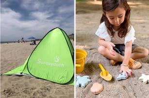Beach scene with a Sunbayouth sunshade on the left; on the right, a young girl plays with beach toys in the sand